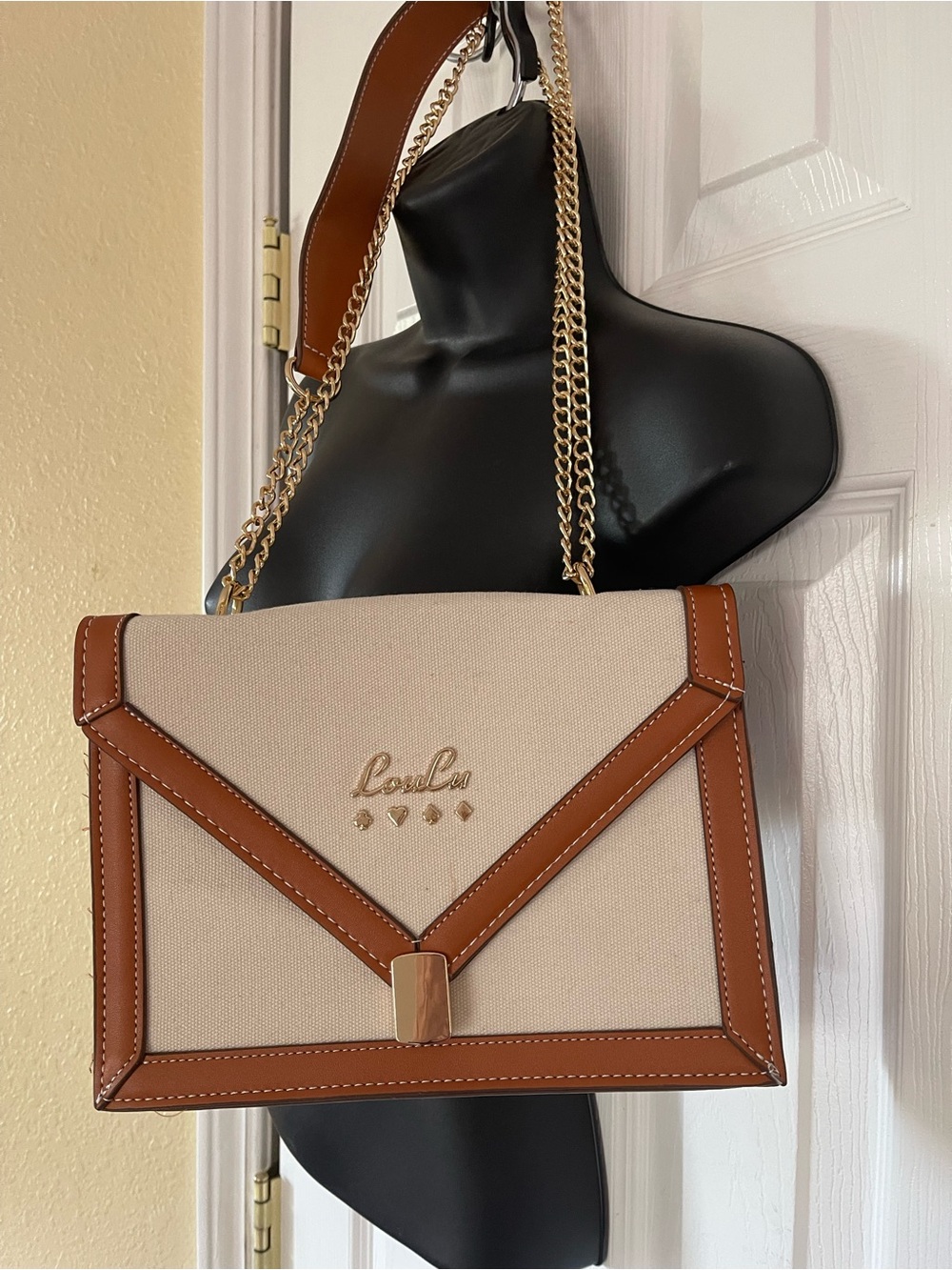 Loulou Beige Canvas & Tan Trim Chain Shoulder Bag